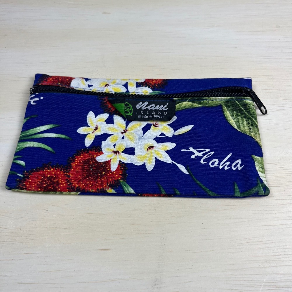 Nani Island Hawaii Zipper Pouch Blue Tropical Plumeria Floral Aloha Travel Bag